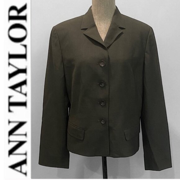 Ann Taylor Wool Dark Olive Blazer Size 16 Classic Tailored Jacket Workwear - Picture 1 of 14
